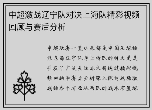 中超激战辽宁队对决上海队精彩视频回顾与赛后分析